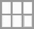 © KeronnArt - Set of notebook sheets isolated on gray background. Realistic white blanks of checkered, lined and dots paper. Different vertical pages from diary. Vector template.