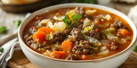 Wall Mural - Close-Up of Classic American Hamburger and Cabbage Soup in a White Bowl. Concept Food Photography, American Cuisine, Hamburger Close-Up, Cabbage Soup, White Bowl