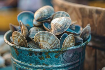 Wall Mural - Close Up of Fresh Clams in a Blue Bucket