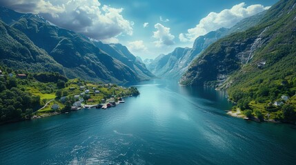 Wall Mural - A picturesque backdrop of Geirangerfjord and the Lofoten Islands in Norway, featuring majestic fjords, rugged mountain peaks, crystal-clear waters, and charming coastal villages under a vibrant sky,