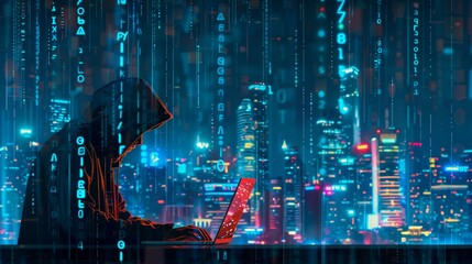 Wall Mural - In a dark room, a hacker wearing a hoodie sits with a blurry nighttime city background. Concept of data protection.