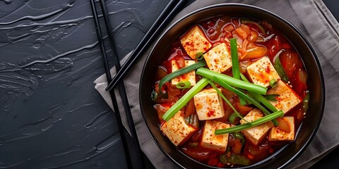 Wall Mural - Delightful Spicy Korean Kimchi Stew with Tofu and Vegetables. Concept Korean cuisine, Kimchi stew recipe, Tofu dishes, Spicy Vegetarian recipes, East Asian comfort food