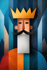 Wall Mural - Stylized illustration of King David with a golden crown, mustache, and beard, set against a colorful geometric background. Represents royalty, wisdom, and leadership.