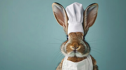 A delightful portrait captures a happy, cute hare dressed as a chef against a solid color backdrop.