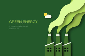 Wall Mural - Green Industry. Pipe of factory with green smoke. Paper art of Sustainable energy, ecology and environment concept. Minimal vector illustration.