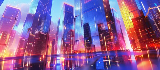 Wall Mural - Future city skyline panoramic illustration with skyscrapers, towers, tall buildings and flying vehicles. Megapolis city panoramic cityscape, sky background.