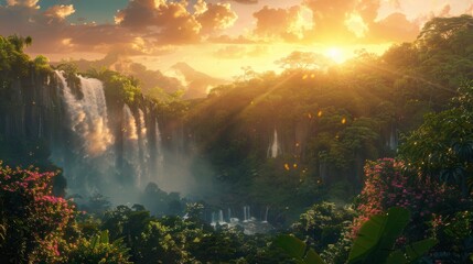 Wall Mural - A picturesque backdrop of Iguazu Falls and the Amazon Rainforest in Brazil, showcasing majestic waterfalls, lush green jungle canopy, diverse wildlife, and a dramatic sunrise sky, perfect for an