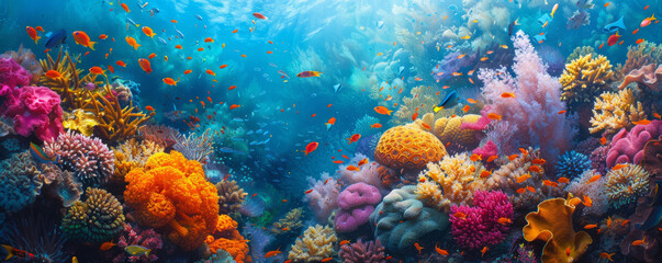 Wall Mural - A vibrant coral reef teeming with marine life, its colors as diverse as the creatures that inhabit it.