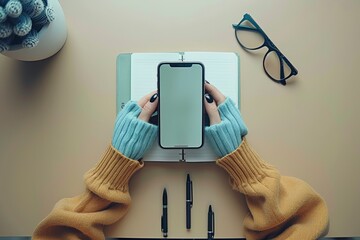  A hand picks up a green notebook on a light brown background with three black pens on the bottom of the screen,