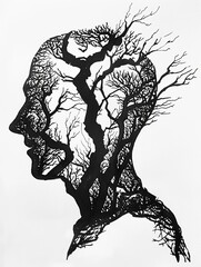 Wall Mural - A man's head is drawn in black with tree branches surrounding it
