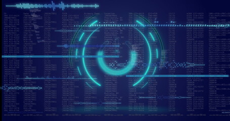 Image of neon round scanner and light trails over data processing on blue background
