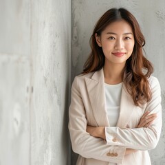 Poster - A woman in a business suit stands in front of a wall, looking confident