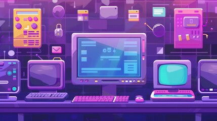 The retro computer interface in 90s graphic style that has windows, browser, chat and folder. This modern cartoon illustration shows Windows, browser, chat, and folder in the year 2000 style.
