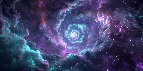 mesmerizing purple and teal spiral galaxy with vibrant clouds and sparkling stars in the universe.