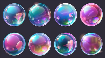 Wall Mural - Symbol of freedom and childhood fun, realistic set of soap bubbles isolated on transparent background. Modern illustration of iridescent water balls with glossy rainbow color surfaces, laundry foam,