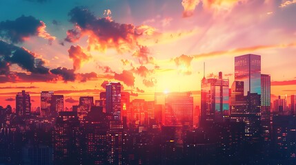Wall Mural - Vibrant city skyline at sunset with a colorful sky and illuminated skyscrapers
