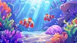 © Bundi - The seabed with marine habitats and algae - a cartoon underwater landscape with fishes and jellyfish, seaweeds and corals. Sea world animals and plants - aquatic life at sea.
