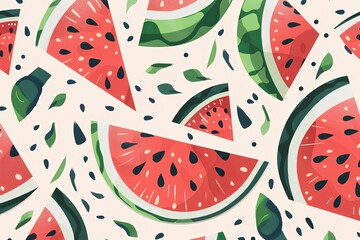 Aufkleber - A close-up image of fresh watermelon slices on a light background, showcasing the bright red flesh, black seeds, and green rind. Generative AI