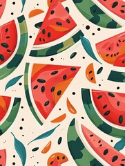 Aufkleber - A colorful illustration of watermelon slices with seeds and rinds on a light background. Generative AI