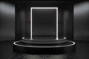 Wall Mural - podium on dark background with neon white