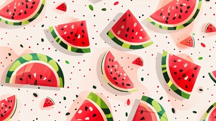 Aufkleber - A vibrant and playful image featuring watermelon slices, seeds, and green rinds scattered on a light background. Generative AI
