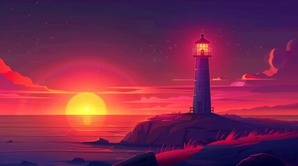Wall Mural - Modern cartoon illustration of an old lighthouse against a sunset background. Diagram of the islands shore with the sun going down on the horizon, the sunrise reflecting on the tranquil water
