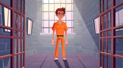 ANGRY prisoner in orange uniform standing behind bars in prison. Cartoon modern illustration of jail interior with man criminal character arrested. The person in jail is a guilty party and is in jail