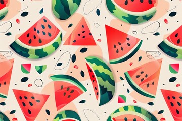 Aufkleber - A close-up image of various watermelon slices with seeds on a light background. Generative AI