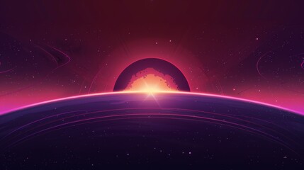 Wall Mural - A purple glow spreads across the planet's horizon, surrounded by rays and sparkles. Realistic 3D modern illustration of dawn or dusk sunlight. Fantasy universe sunrise or sunset light. Earth cosmos