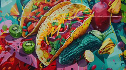 Wall Mural - colorful street art mural featuring giant tacos, fresh vegetables, and fruits, showcasing vibrant and detailed Mexican cuisine