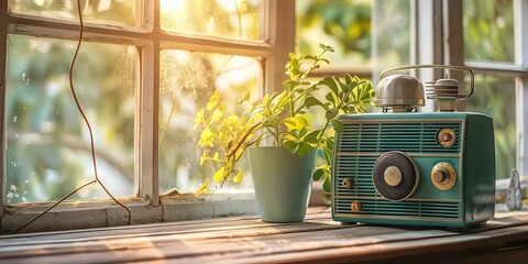 Vintage radio player on wooden table by window playing music in daylight. Concept Vintage Decor, Music Nostalgia, Natural Light, Interior Design, Retro Aesthetics