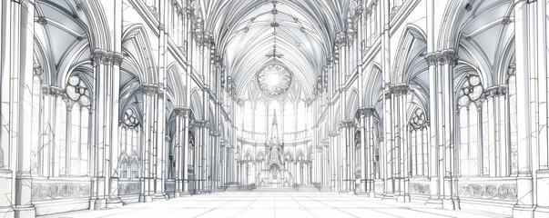 Wall Mural - A line art drawing of an ancient cathedral with soaring spires and stained glass windows, its interior filled with a sense of awe and wonder.