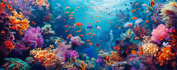 A vibrant coral reef bustling with activity, with colorful fish darting among intricate coral formations.