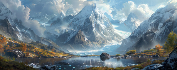 Wall Mural - Alpine glacier snaking through rugged mountain terrain, icy wilderness, glacial majesty, polar landscape.