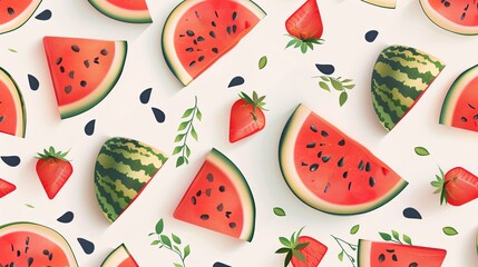 Aufkleber - A close-up image showcasing a pattern of fresh watermelon slices with green rinds and black seeds, arranged on a white background. Generative AI