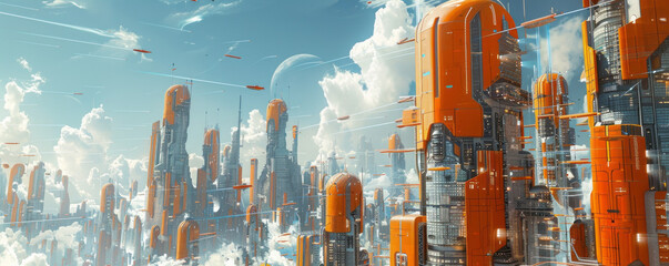 Wall Mural - A robot city with towering skyscrapers made of glass and steel.
