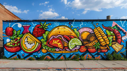 Wall Mural - vibrant street art mural showcasing iconic Mexican foods with bold colors, featuring tacos, corn, fruits, and various vegetables