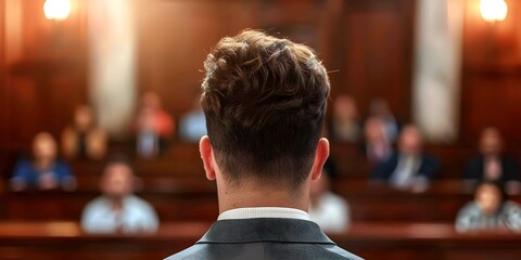 Confident man delivers powerful closing argument in courtroom to captivated audience. Concept Law, Courtroom, Trial, Legal system, Public speaking