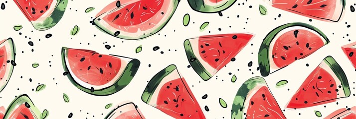 Aufkleber - A close-up image of watercolor painted watermelon slices on a light background. Generative AI