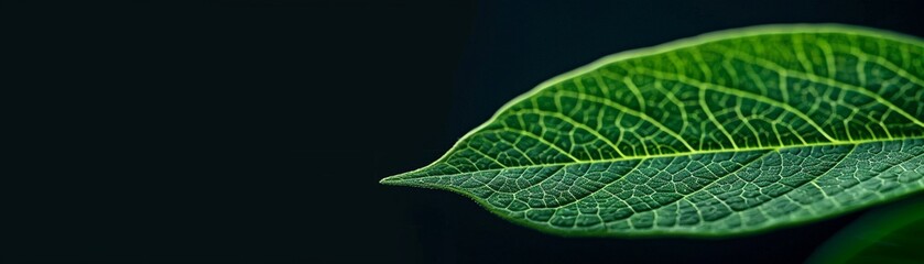 Vein network of a leaf seen in closeup, illuminated by natural light, vibrant and detailed green textures, macro shot, delicate organic design