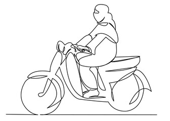 Wall Mural - continuous single drawn one-line Muslim woman edging on a bike hand-drawn picture silhouette. Line art. the modern Muslim woman is the father of a scooter