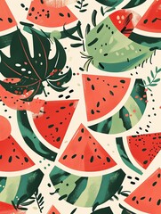 Leinwandbilder - A close-up of a pattern featuring watercolor-style watermelon slices with black seeds and green rinds, set against a light background with green leaves. Generative AI