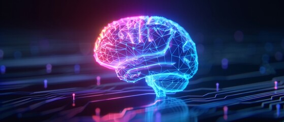 Digital brain composed of multicolored polygons, overlaid on a blue circuit board with luminous connections, detailed and vibrant, symbolizing AI and technology