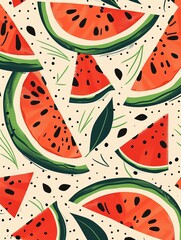 Aufkleber - A close-up photo of red watermelon slices with green rinds and black seeds on a light background. Generative AI