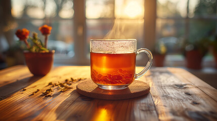 Glass cup of hot aromatic tea on a worn wooden table against a backdrop of sunlight
