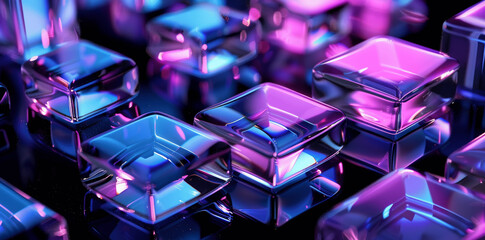 Luxury 3D Render of Abstract Geometric Blocks with Blue and Purple Shapes on Dark Background