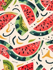 Leinwandbilder - A close-up image of watermelon slices, featuring the watermelons vibrant red flesh, black seeds, and green rind. The slices are arranged on a light background. Generative AI