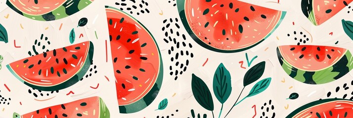 Leinwandbilder - A close-up of a pattern featuring multiple slices of watermelon with green rinds and black seeds, on a light background with green leaves and black dots. Generative AI