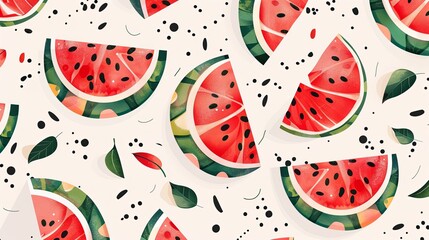 Aufkleber - A close-up image of bright red watermelon slices arranged on a white background. Each slice features a green rind and black seeds. Generative AI