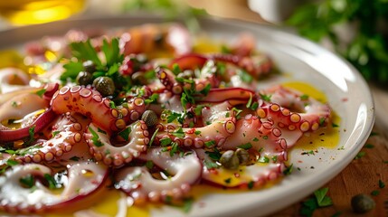 Wall Mural - Close-Up of Thinly Sliced Octopus Carpaccio with Olive Oil and Capers